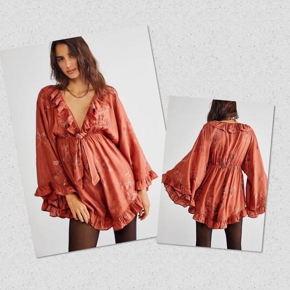 Free People Pants - FREE PEOPLE NWT Rose/tyrie Wide Long Sleeve Ruffle V-neck Romper  Small